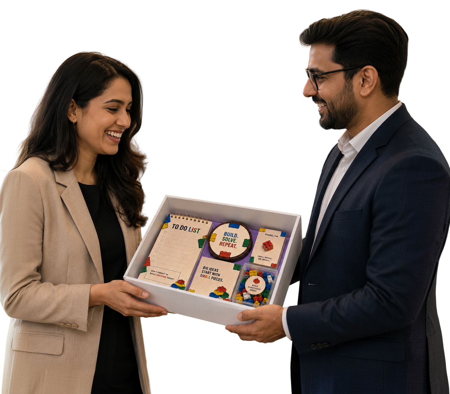 Two colleagues exchanging a curated experiential gift box